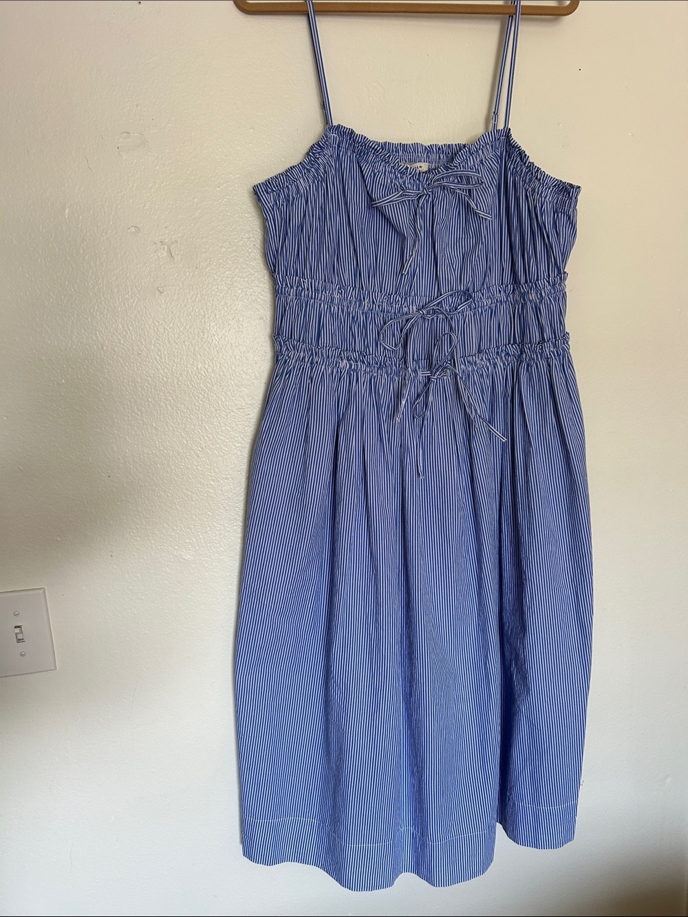 Smocked Strappy Blue Stripe Midi Dress NWT 100% Cotton